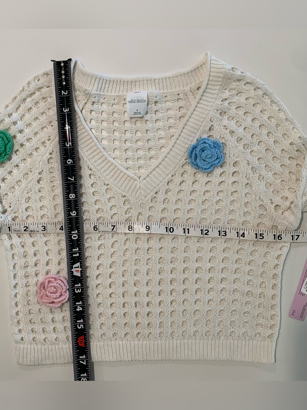 NWT Wild Fable Cream Open Knit Cropped V Neck Sweater Crochet Flowers, Boho, S - Picture 7 of 14